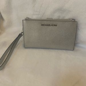Michael Kors silver double zip wristlet wallet